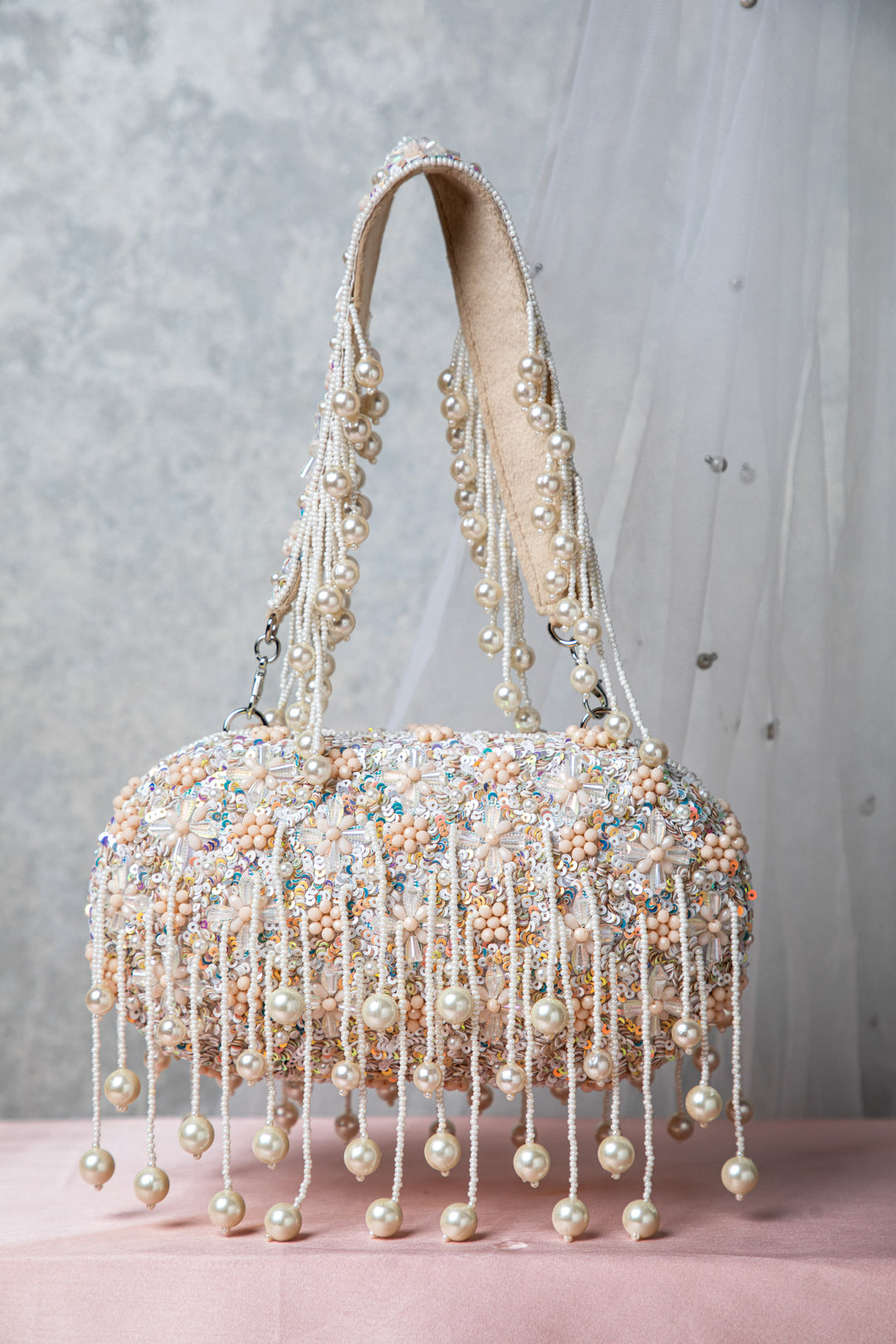 Pearl Sequence Beige Aria Clutch Make your Appearance Calm And Classy